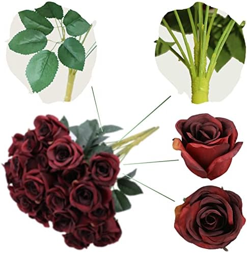 GreenteMime 16 Umjetni burgundi ruže 12 glava Vintage Burgundija Cvijeće Gothic Rose Buket za majčin dan