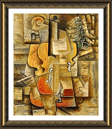 Alonline Art - violina i grožđe Pablo Picasso | Zlatna uokvirena slika tiskana na pamučnom