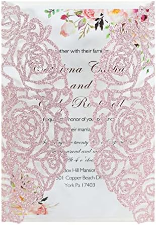 Zlfzjh 100pcs Laser Rezanje ruže Dizajn ružičastog zlata Srebrne blistavo pozivnice za svadbenu