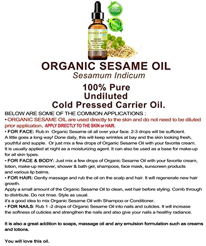 Botanička ljepota organsko sezamovo ulje, čisto/Nerazrijeđeno / hladno prešano. 2oz -60 ml. Za
