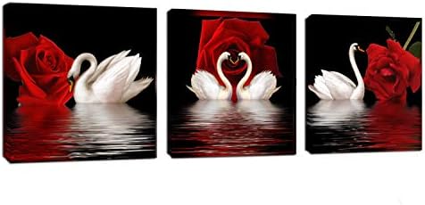 Amoy Art -3 ploče prelijepi romantični labudovi umjetnički Print na platnu Crvena ruža cvijeće