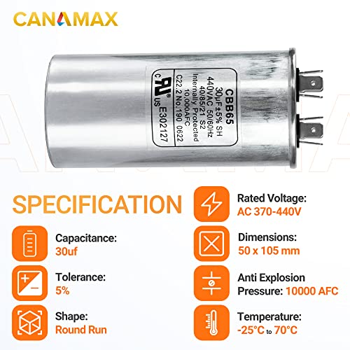 Canamax Premium 30 MFD uf ± 5% MFD 370 V VAC ili 440 Volt 50/60 Hz višenamjenski motor radi okrugli kondenzator-kompatibilan