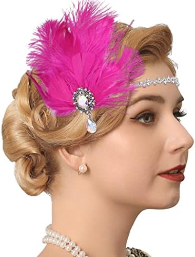 GENBREE 1920s Flapper Headpiece Rose crveno pero traka za glavu Rhinestone Gatsby Headbands Prom