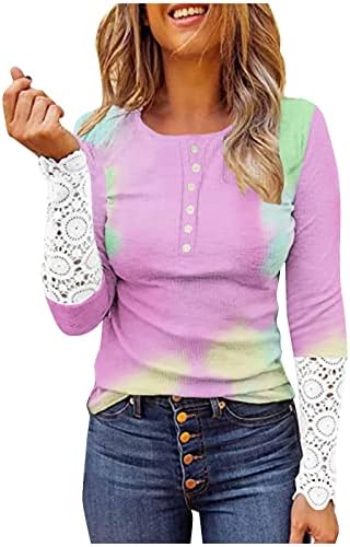 Huankd ženska dukserica čipka dugih rukava rupa s tankom okruglom vratnom gumbom Ispis pulover majica