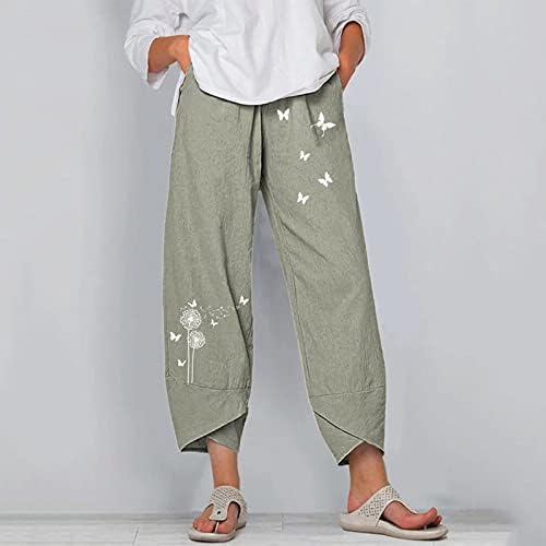 Ubst ženske pamučne posteljine Print Wide-noga hlače dame casual labave cvijeće tiskane teretne pantalone