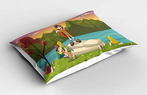Ambesonne Colorful Jastuk Sham, Najbolji prijatelji Kućište za kampovanje od jezera koji imaju zabavu Explorer Joy Cartoon, Dekorativna jastučnica za tiskanu veličinu, 26 x 20, višebojna