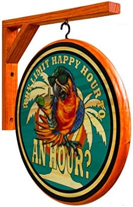 Happy Hour Parrot pab znak, 15-inčni promjer drveni 2 strani znak, uključuje drveni viseći nosač, samo unutarnju