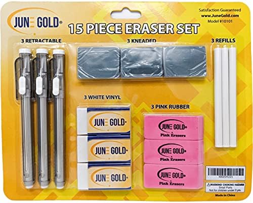 June Gold 15 komada Eraser Set, 3 bijeli vinil, 3 ružičasta guma, 3 miješana, 3 uvlačenja i 3 pucanja