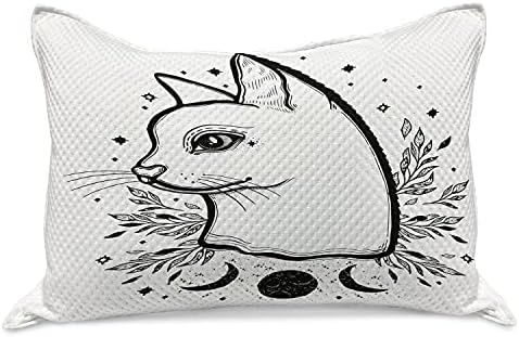 AMBESONNE Kitty Pleted quilt jastuk, jednobojni ručni pricrtani bočni profil boemske mačke sa simboličkim motivima, standardni poklopac jastuka kraljeve veličine za spavaću sobu, 36 x 20, siva ugljena bijela