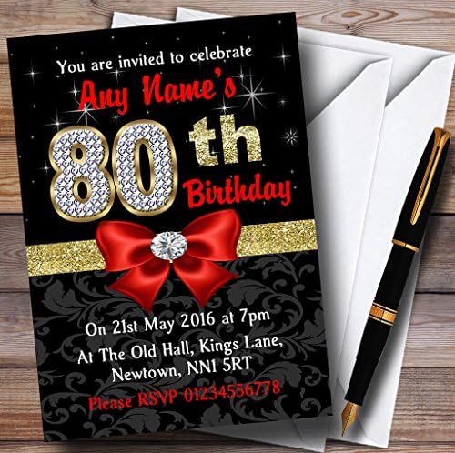 Red Black Gold Diamond 80. rođendan Persontirani pozivnice