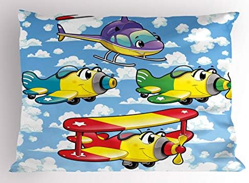 Ambesonne crtani jastuk sham, avioni i helikopteri sa licama u oblačnom nebu Ispis, dekorativna jastučnica