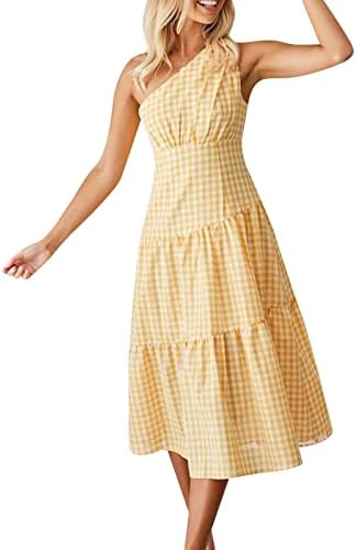 Dugme prednje haljine ženske ljetne haljine s ramena bez rukava haljine Plaid Printing Casual Long