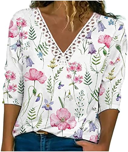 Elegantna majica za žene Crochet čipke V majice Gradijent / cvjetni print 3/4 rukava bluza 2023