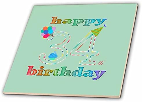 3drose sretan 34. rođendan, Cupcake sa svijećom, balonima, šeširom, šarenim-pločicama