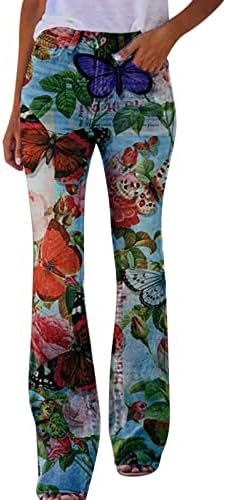 Ženske casual labave cvjetne ispise visoki struk mikro ugašene ručne traperice ravne noge traper pantalone
