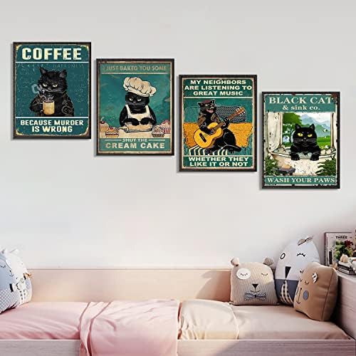 NCYEL4 kom Vintage Black Cat Wall Art Decor zanimljiv Poster za slike kuhinje i kupatila Kućni dekor Cat Lover