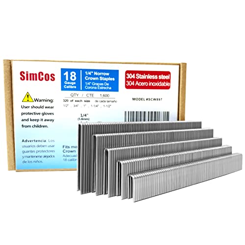 SimCos 18 Gauge 304 nerđajući čelik 1/4 uske krunske spajalice, raznih 1600 tačaka za 18 GA