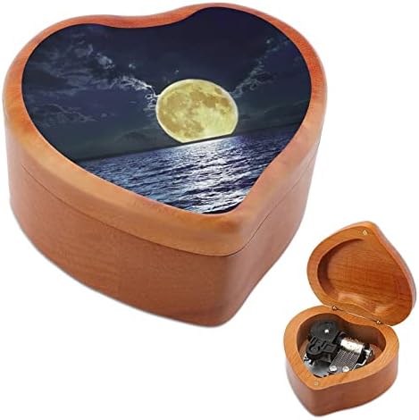 Puni mjesec i morska drvena muzička kutija Windup u obliku tiskanih kutija u obliku srca za rođendan