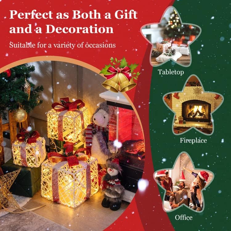 Kyomily Set od 3 Božićna osvijetljena poklon kutija ukrasi sa crvenim bowknots