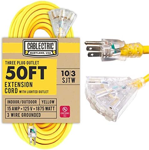Kabel za vanjsku kabl od 50 FT sa 3 utičnice - 15 amp 10/3 SJTW Heavy Duty Yellow 10 metofni električni kabel