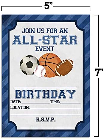 Plavi svi zvjezdani sportovi za rođendanske pozivnice za dječake, 20 5 x7 ispunjavaju kartice sa