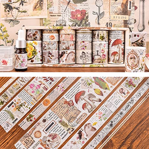 Daputou Washi Tape Vintage 18 rolni, 75/50/30/25/20/15/10 / 5mm starinske gljive,cvijeće, leptir, pismo