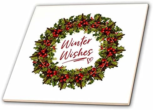 3drose Winter Wishes-Holly vijenac sa crvenim tekstom na bijeloj pozadini-Tiles