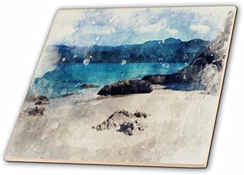 3drose Serena plava vodena plaža Planinska slika akvarela-Tiles