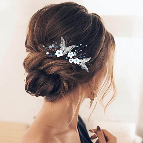 Earent Bride Wedding Flower igle za kosu leptir Hair Accessories Bridal hair Piece Blue Beads Headpiece