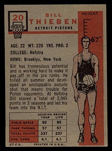 1957. topps 20 Bill Thieben Detroit Pistons VG Pistons Hofstra