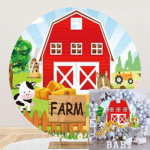 OERJU 7x7ft Cartoon Farm Animals okrugla pozadina Farm Red Barn krug fotografija pozadina okrugla