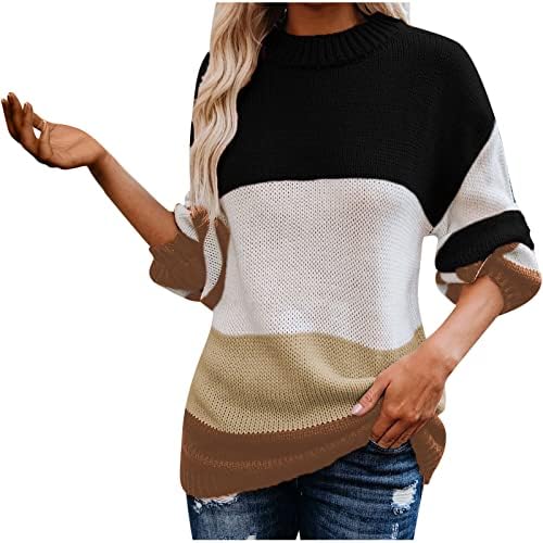 Ženska boja blok pletene džemper casual posada izrez za vrat Jumper vrhovi labavi modni džemperi s