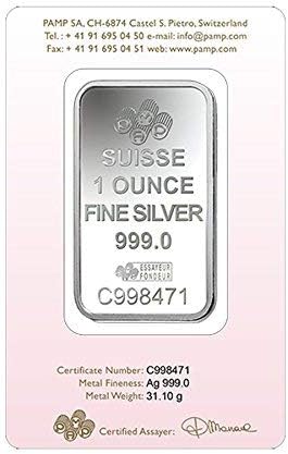 PAMP Suisse $ čisto $ 99.9% 1 OZ $ srebro$na kartici za analizu