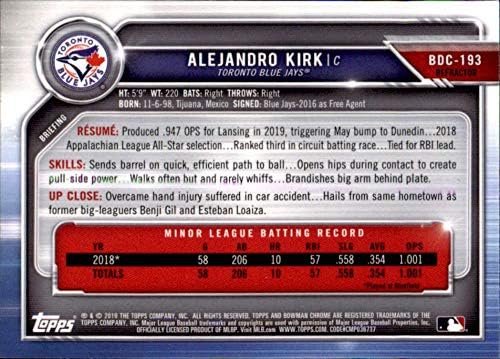 2019 Bowman Chrome Nacrt refraktora BDC-193 Alejandro Kirk Rc Rookie Toronto Blue Jays MLB bejzbol trgovačka