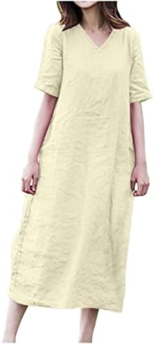 BRKEWI ljetne haljine za žene 2022 Tie Waist Tshirt Dress V izrez pamučna lanena ljuljaška kratka rukava čvrsta