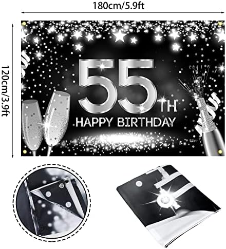 Happy 55. rođendan Banner Backdrop Srebrni i crni šampanjac 55 godina Pozadina Bday Dekoracije