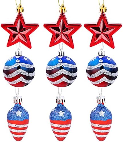 4. jula Patriotski Ball Ornamenti, 9-Pack Božić Stars Stripes privjesak, delikatna Baubles punjeni ukrasi za