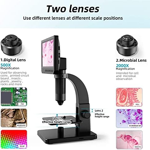 Koolertron 7-inčni LCD digitalni mikroskop sa dvostrukim sočivom 32G TF karticom,2000x optički uvećanje
