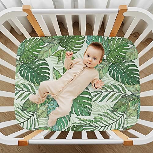 KICPOAY Opremljeni krevetići zeleni palmini ostavlja istezmene prenosne plahte za reprodukciju za dijete, prozračan