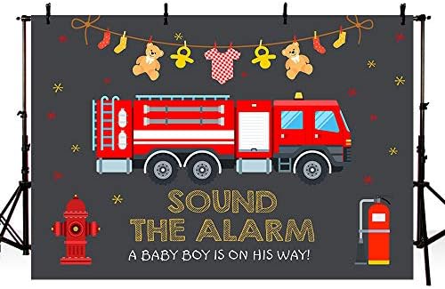 Mehofond Fire Truck Boy Baby Tuš Photo Backdrop Firetruck Sound Alarm FireFrighter Little Fireman Crveni i crni