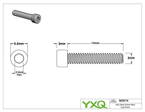 Yxq m3x14mm Legura od legura čelika HEX utičnica, 120pcs metrički vijak za metrike crne pan glave