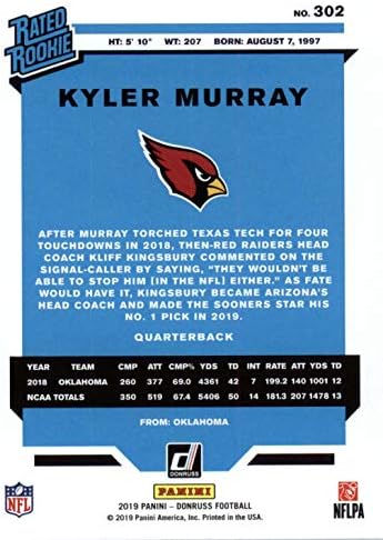 Kyler Murray 2019 Donruss kratko ispisano ocijenjeno rešeno rookie karticom 302 na slici ovog gornjeg