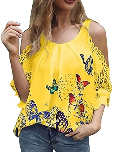 Ženska majica hladnog ramena bluza na pola rukava okrugla vrat leptir tiskanje ljetna meka bluza plus