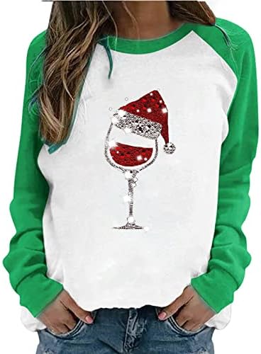 Duks za žene Božićni šešir vinsko staklo grafički Dugi rukav Crew vrat u boji blok Božić pulover