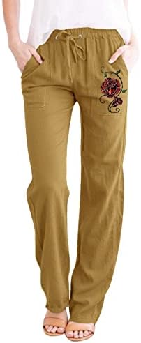KCJGIKPOK Ženske posteljine hlače, obične lanene pantalone za pravu struku sa džepovima sa džepovima za