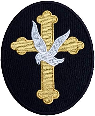 Christian Gold Cross Patch 3,5 inča vezeno željezo / šiva na značku Bijeli golubovi mirovni simbol