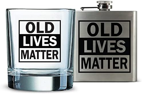 OLD LIVES MATTER | 11 Oz Whisky Glass & nerđajući čelik Hip tikvica Poklon Set | Funny novost poklon za