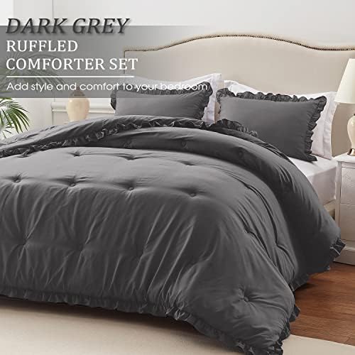 Harbost Queen Comforter set - lagana 3 komada Krevet Komfornik kraljica - tamno sivi ruffle krevet