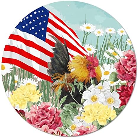 Okrugli metalni limenski znak PATRIOTSKA USA Farma Farma pilići Roosters Daisy Cvijeće Vintage Wearheat