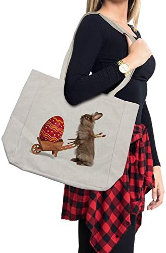 Ambesonne Uskršnja torba za kupovinu, Uskršnji zec sa četkama i oslikanim jajetom u kolicima šaljiva fotografija